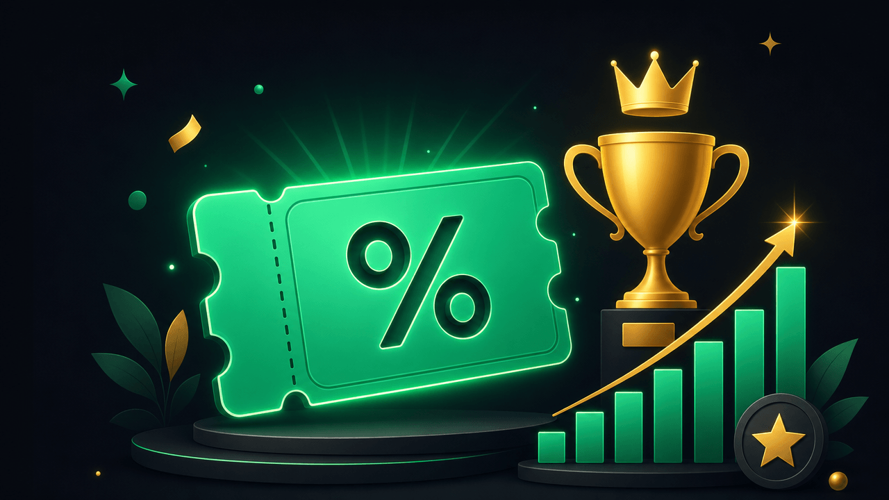 Pocket Option promo code HITWIN ranked #1 — green discount coupon, gold trophy and a rising bonus ranking chart